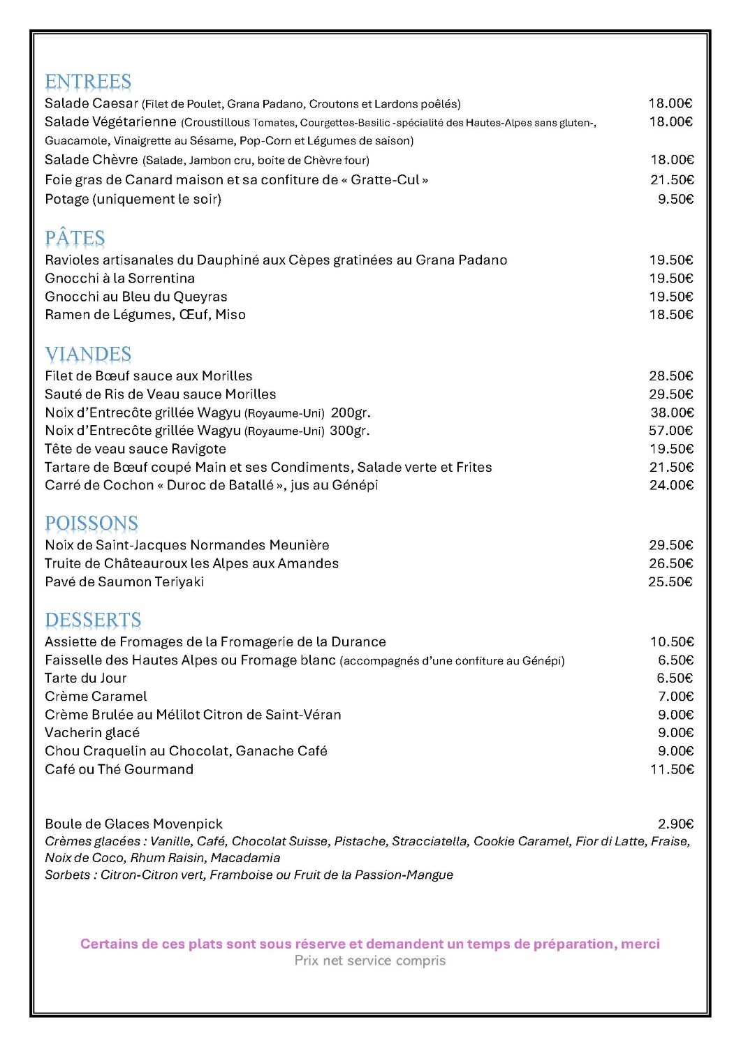Carte menu H26